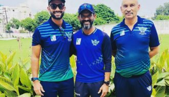 Head Coach Hrishikesh Puranik with India's Fielding Coach R Sridhar and Kinjal Suratwala, Former Head of NCA, Bengaluru)