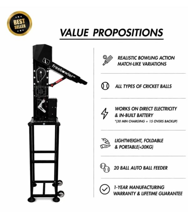 Freebowler Superthrower Automated Pro FS2 PRO PLUS Arm Simulated Portable Cricket Bowling Machine Auto Feeder Speed Control Line Length Adjustable Battery Backup
