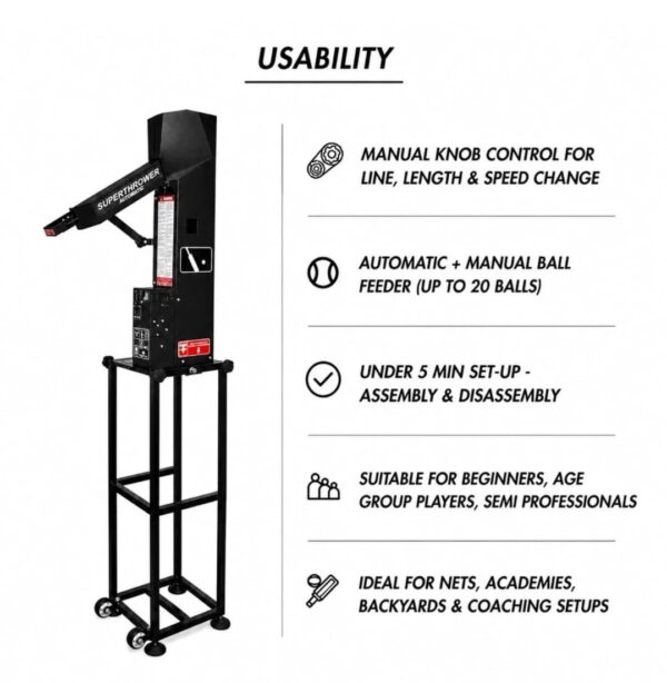 Freebowler Superthrower Automated Pro FS2 PRO PLUS Arm Simulated Portable Cricket Bowling Machine Auto Feeder Speed Control Line Length Adjustable Battery Backup